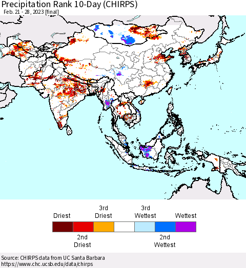 Asia Precipitation Rank since 1981, 10-Day (CHIRPS) Thematic Map For 2/21/2023 - 2/28/2023