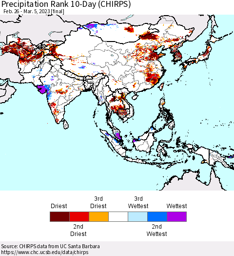 Asia Precipitation Rank since 1981, 10-Day (CHIRPS) Thematic Map For 2/26/2023 - 3/5/2023