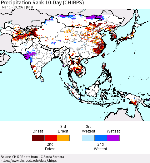 Asia Precipitation Rank since 1981, 10-Day (CHIRPS) Thematic Map For 3/1/2023 - 3/10/2023