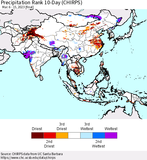 Asia Precipitation Rank since 1981, 10-Day (CHIRPS) Thematic Map For 3/6/2023 - 3/15/2023