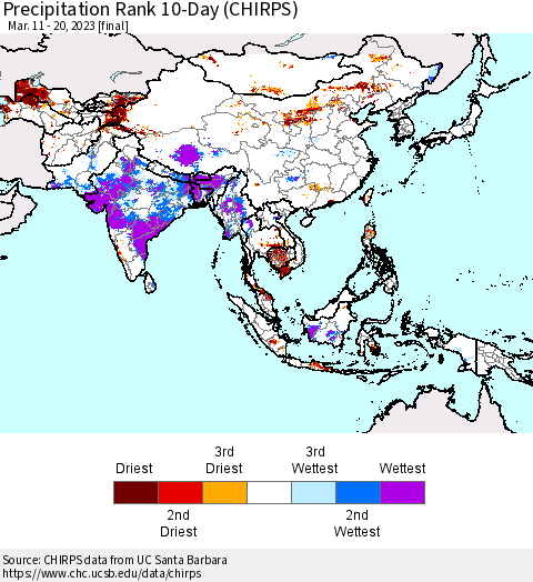Asia Precipitation Rank since 1981, 10-Day (CHIRPS) Thematic Map For 3/11/2023 - 3/20/2023