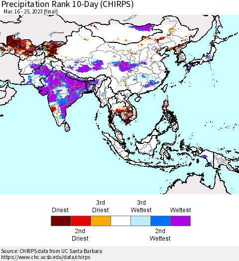 Asia Precipitation Rank since 1981, 10-Day (CHIRPS) Thematic Map For 3/16/2023 - 3/25/2023