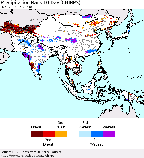 Asia Precipitation Rank since 1981, 10-Day (CHIRPS) Thematic Map For 3/21/2023 - 3/31/2023