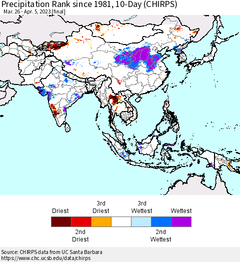 Asia Precipitation Rank since 1981, 10-Day (CHIRPS) Thematic Map For 3/26/2023 - 4/5/2023