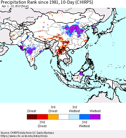 Asia Precipitation Rank since 1981, 10-Day (CHIRPS) Thematic Map For 4/1/2023 - 4/10/2023