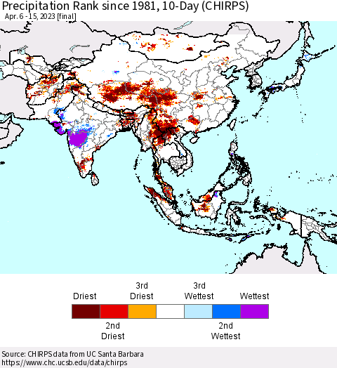 Asia Precipitation Rank since 1981, 10-Day (CHIRPS) Thematic Map For 4/6/2023 - 4/15/2023