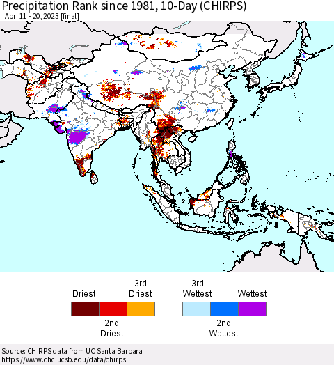 Asia Precipitation Rank since 1981, 10-Day (CHIRPS) Thematic Map For 4/11/2023 - 4/20/2023