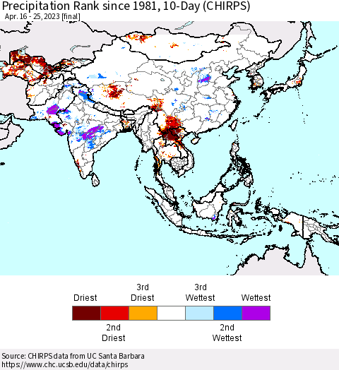 Asia Precipitation Rank since 1981, 10-Day (CHIRPS) Thematic Map For 4/16/2023 - 4/25/2023