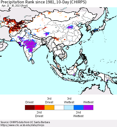 Asia Precipitation Rank since 1981, 10-Day (CHIRPS) Thematic Map For 4/21/2023 - 4/30/2023