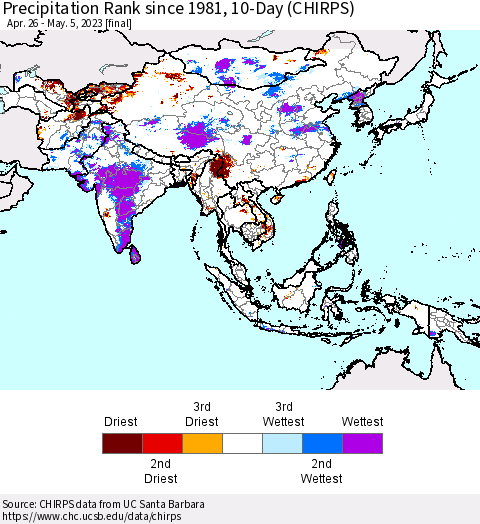 Asia Precipitation Rank since 1981, 10-Day (CHIRPS) Thematic Map For 4/26/2023 - 5/5/2023