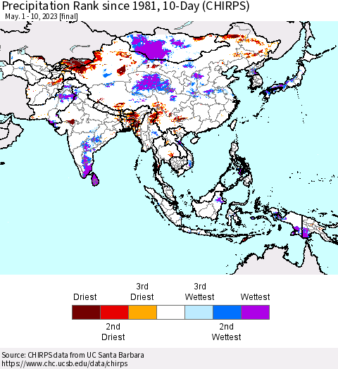 Asia Precipitation Rank since 1981, 10-Day (CHIRPS) Thematic Map For 5/1/2023 - 5/10/2023