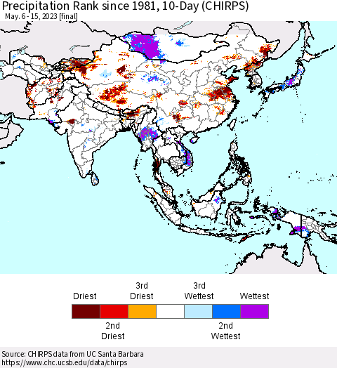Asia Precipitation Rank since 1981, 10-Day (CHIRPS) Thematic Map For 5/6/2023 - 5/15/2023