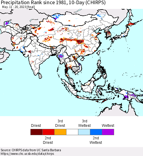 Asia Precipitation Rank since 1981, 10-Day (CHIRPS) Thematic Map For 5/11/2023 - 5/20/2023