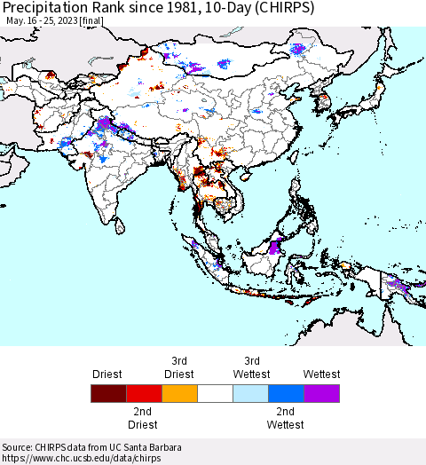 Asia Precipitation Rank since 1981, 10-Day (CHIRPS) Thematic Map For 5/16/2023 - 5/25/2023