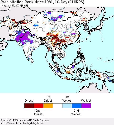 Asia Precipitation Rank since 1981, 10-Day (CHIRPS) Thematic Map For 5/21/2023 - 5/31/2023