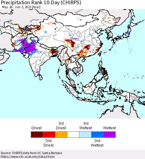 Asia Precipitation Rank since 1981, 10-Day (CHIRPS) Thematic Map For 5/26/2023 - 6/5/2023