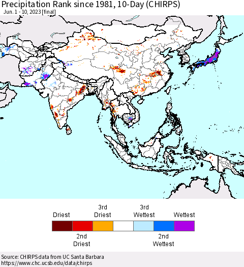 Asia Precipitation Rank since 1981, 10-Day (CHIRPS) Thematic Map For 6/1/2023 - 6/10/2023