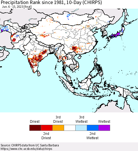 Asia Precipitation Rank since 1981, 10-Day (CHIRPS) Thematic Map For 6/6/2023 - 6/15/2023