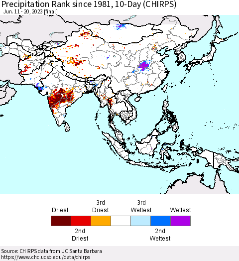 Asia Precipitation Rank since 1981, 10-Day (CHIRPS) Thematic Map For 6/11/2023 - 6/20/2023