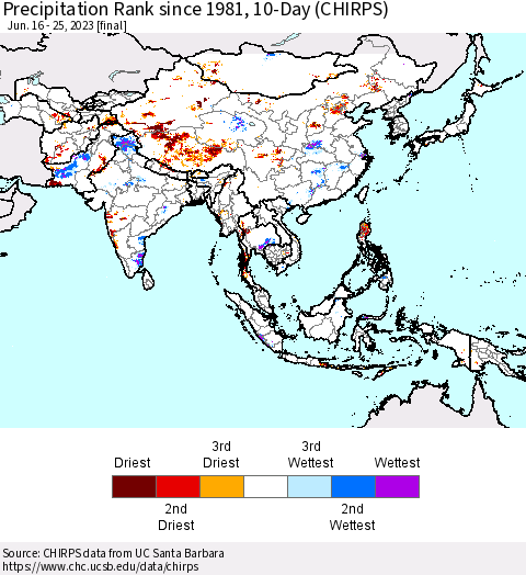 Asia Precipitation Rank since 1981, 10-Day (CHIRPS) Thematic Map For 6/16/2023 - 6/25/2023