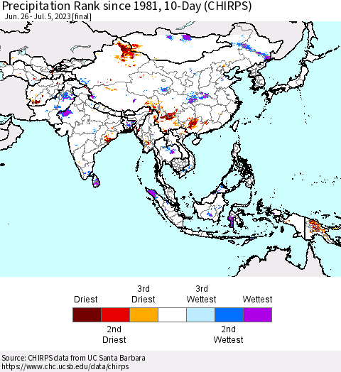Asia Precipitation Rank since 1981, 10-Day (CHIRPS) Thematic Map For 6/26/2023 - 7/5/2023