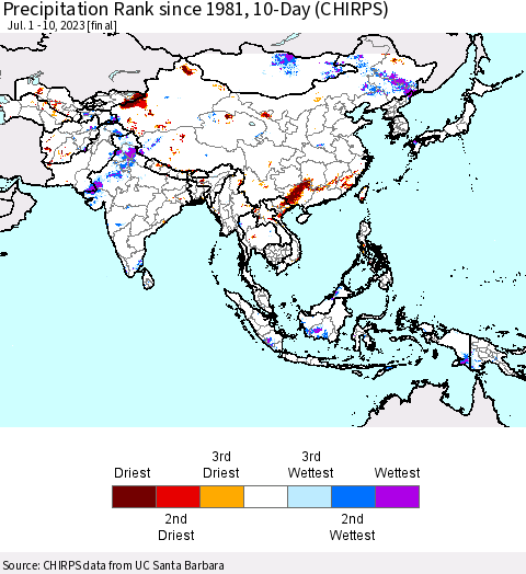 Asia Precipitation Rank since 1981, 10-Day (CHIRPS) Thematic Map For 7/1/2023 - 7/10/2023