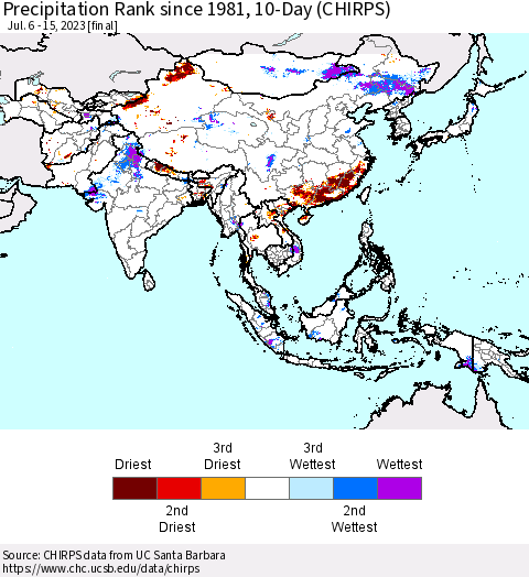 Asia Precipitation Rank since 1981, 10-Day (CHIRPS) Thematic Map For 7/6/2023 - 7/15/2023