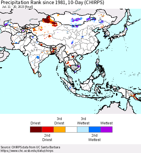 Asia Precipitation Rank since 1981, 10-Day (CHIRPS) Thematic Map For 7/11/2023 - 7/20/2023