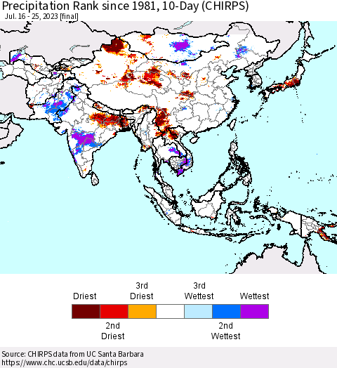 Asia Precipitation Rank since 1981, 10-Day (CHIRPS) Thematic Map For 7/16/2023 - 7/25/2023