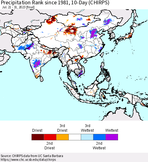 Asia Precipitation Rank since 1981, 10-Day (CHIRPS) Thematic Map For 7/21/2023 - 7/31/2023