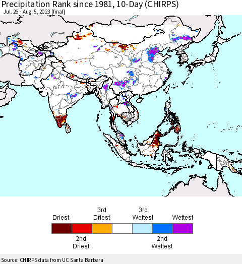 Asia Precipitation Rank since 1981, 10-Day (CHIRPS) Thematic Map For 7/26/2023 - 8/5/2023