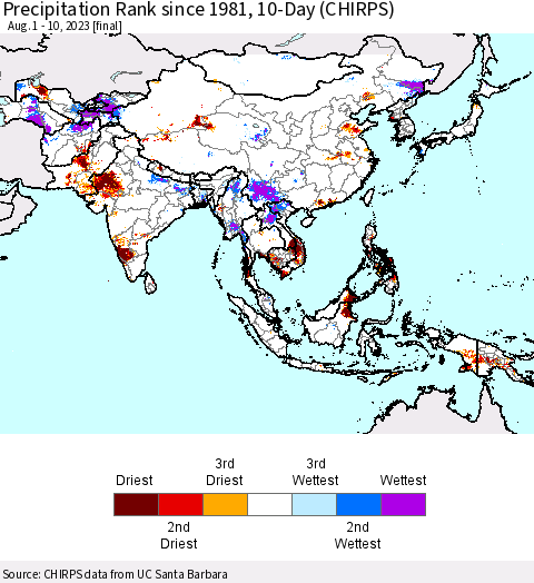 Asia Precipitation Rank since 1981, 10-Day (CHIRPS) Thematic Map For 8/1/2023 - 8/10/2023