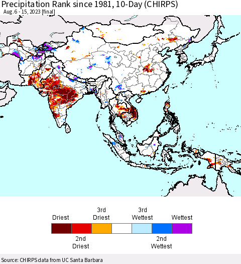 Asia Precipitation Rank since 1981, 10-Day (CHIRPS) Thematic Map For 8/6/2023 - 8/15/2023