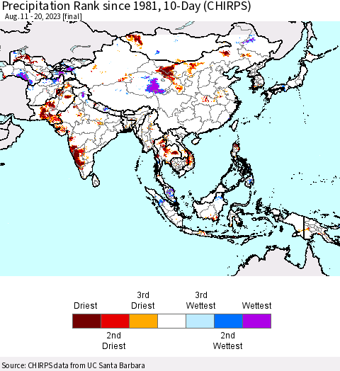 Asia Precipitation Rank since 1981, 10-Day (CHIRPS) Thematic Map For 8/11/2023 - 8/20/2023