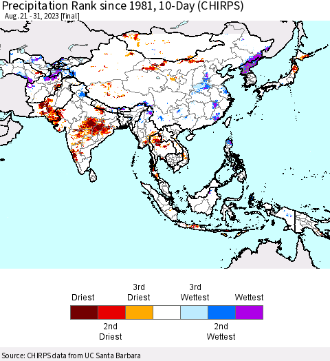 Asia Precipitation Rank since 1981, 10-Day (CHIRPS) Thematic Map For 8/21/2023 - 8/31/2023