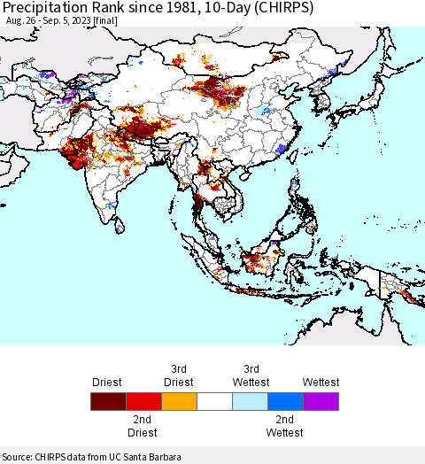 Asia Precipitation Rank since 1981, 10-Day (CHIRPS) Thematic Map For 8/26/2023 - 9/5/2023