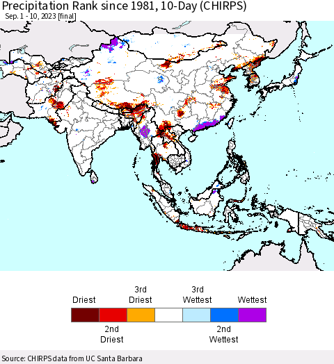 Asia Precipitation Rank since 1981, 10-Day (CHIRPS) Thematic Map For 9/1/2023 - 9/10/2023