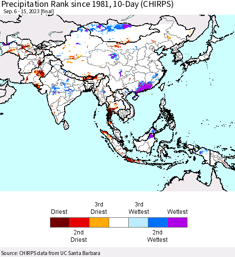 Asia Precipitation Rank since 1981, 10-Day (CHIRPS) Thematic Map For 9/6/2023 - 9/15/2023