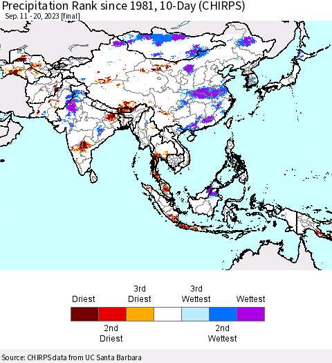 Asia Precipitation Rank since 1981, 10-Day (CHIRPS) Thematic Map For 9/11/2023 - 9/20/2023