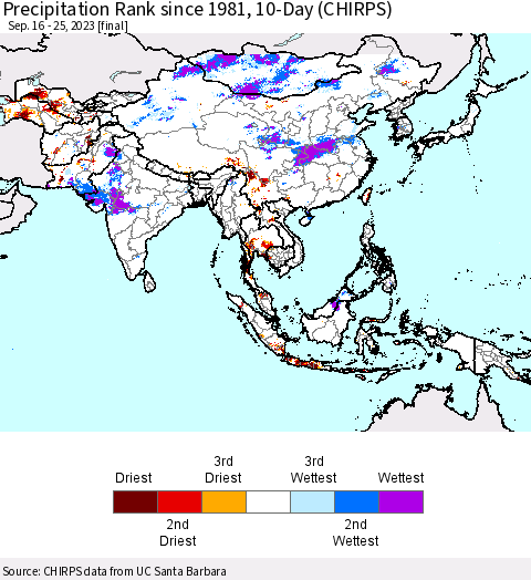 Asia Precipitation Rank since 1981, 10-Day (CHIRPS) Thematic Map For 9/16/2023 - 9/25/2023