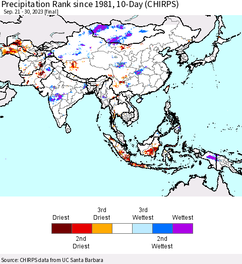 Asia Precipitation Rank since 1981, 10-Day (CHIRPS) Thematic Map For 9/21/2023 - 9/30/2023
