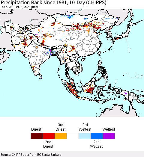 Asia Precipitation Rank since 1981, 10-Day (CHIRPS) Thematic Map For 9/26/2023 - 10/5/2023