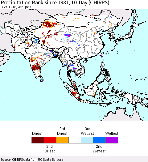 Asia Precipitation Rank since 1981, 10-Day (CHIRPS) Thematic Map For 10/1/2023 - 10/10/2023