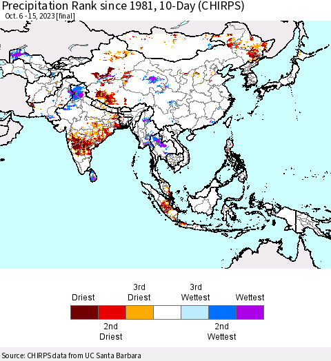 Asia Precipitation Rank since 1981, 10-Day (CHIRPS) Thematic Map For 10/6/2023 - 10/15/2023
