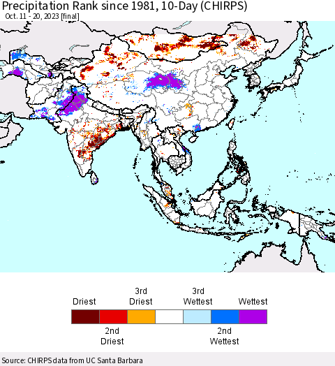 Asia Precipitation Rank since 1981, 10-Day (CHIRPS) Thematic Map For 10/11/2023 - 10/20/2023