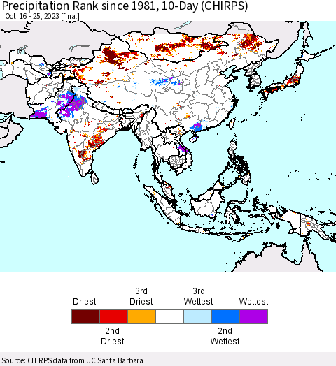 Asia Precipitation Rank since 1981, 10-Day (CHIRPS) Thematic Map For 10/16/2023 - 10/25/2023
