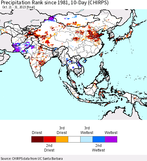 Asia Precipitation Rank since 1981, 10-Day (CHIRPS) Thematic Map For 10/21/2023 - 10/31/2023