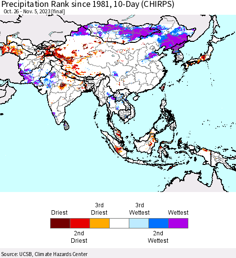 Asia Precipitation Rank since 1981, 10-Day (CHIRPS) Thematic Map For 10/26/2023 - 11/5/2023
