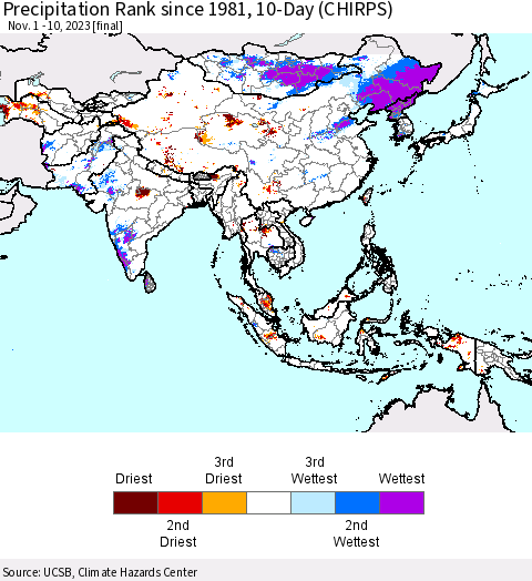 Asia Precipitation Rank since 1981, 10-Day (CHIRPS) Thematic Map For 11/1/2023 - 11/10/2023