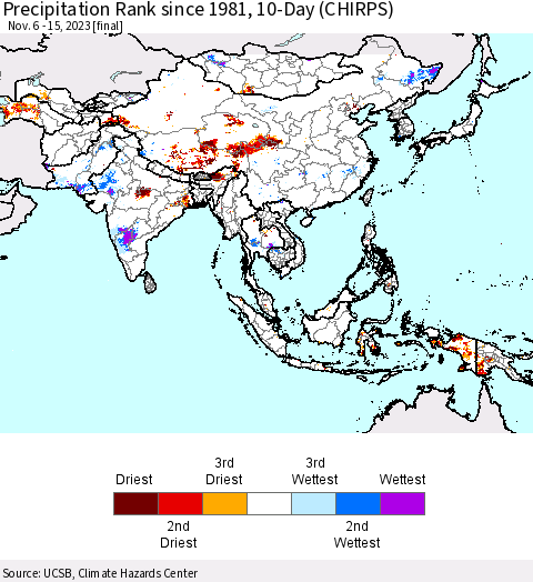 Asia Precipitation Rank since 1981, 10-Day (CHIRPS) Thematic Map For 11/6/2023 - 11/15/2023